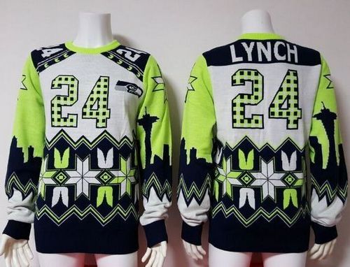 Nike Seahawks #24 Marshawn Lynch White Men's Ugly Sweater - Click Image to Close